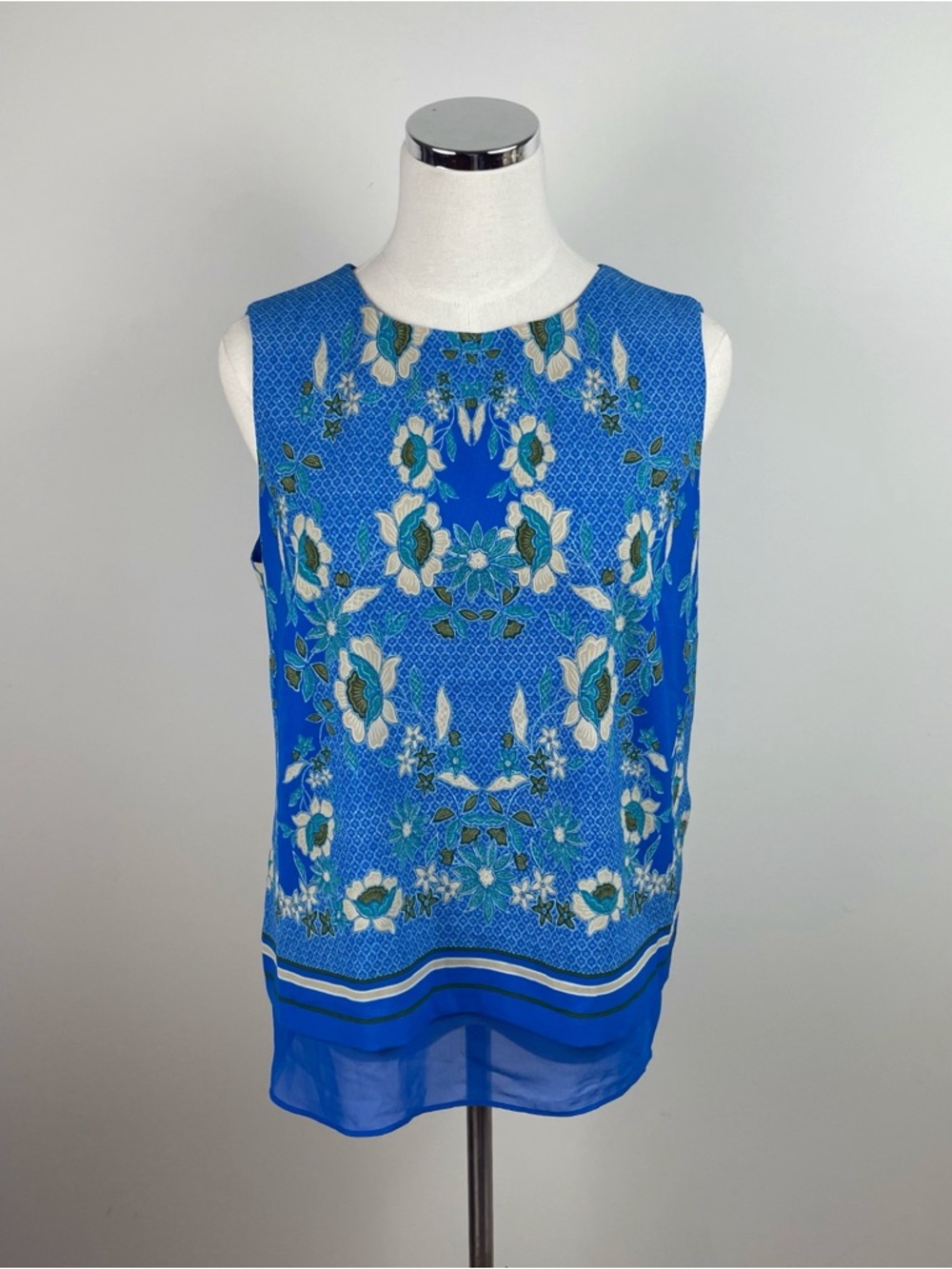 Rose & Olive Blue Tan Floral Blouse Top Women Size Large